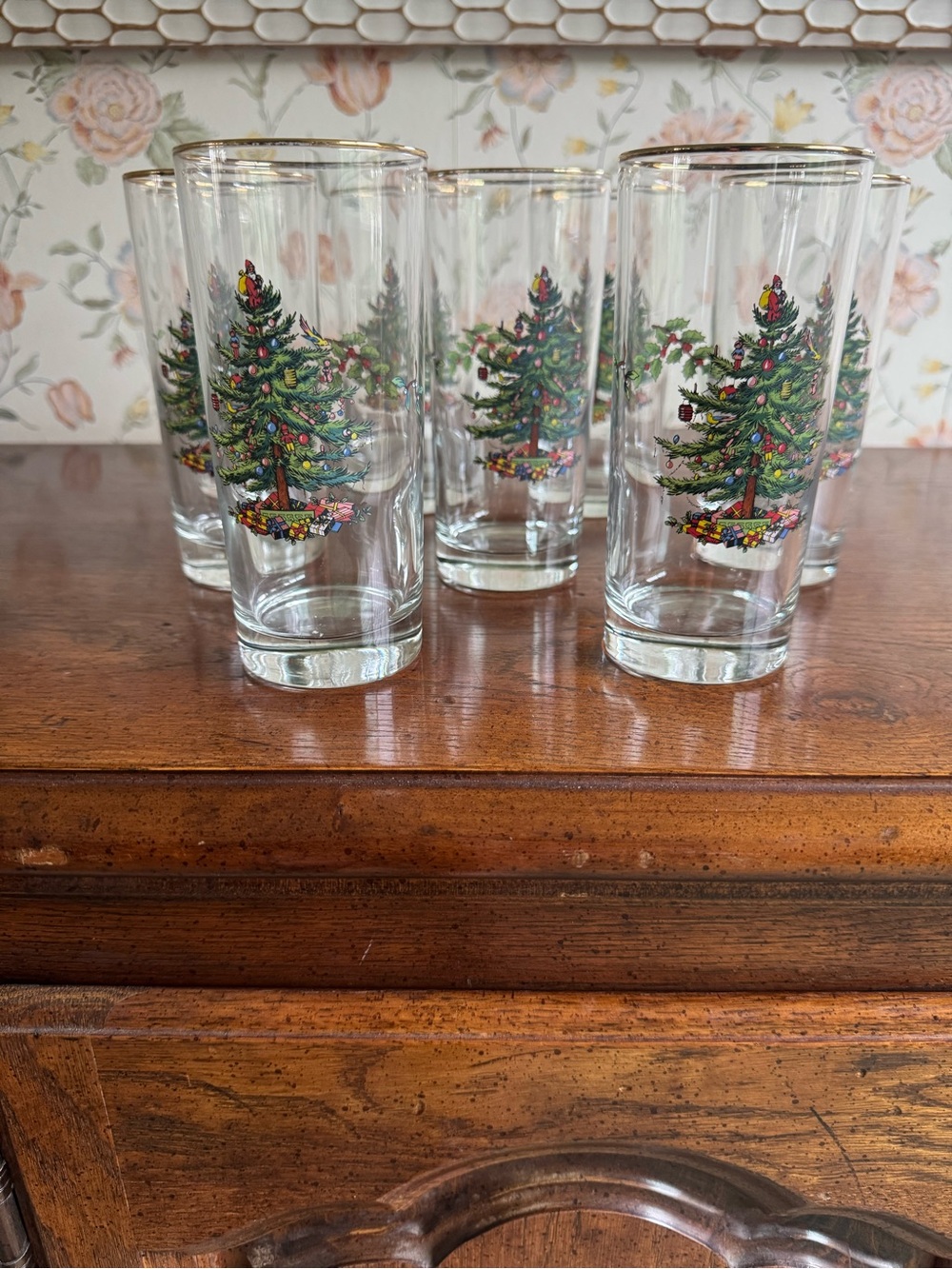 Spode Clear Highball Glasses with Green Christmas Tree and Gold Rim - Set of 8